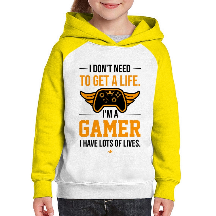 Moletom Infantil I'm a gamer, I have lots of lives - Branco/Amarelo