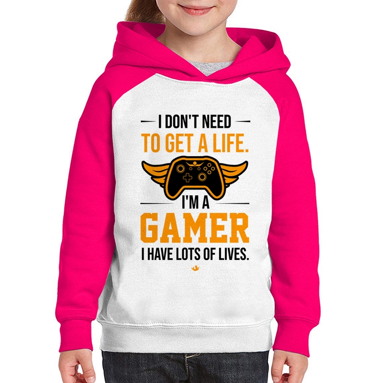 Moletom Infantil I'm a gamer, I have lots of lives - Branco/Rosa