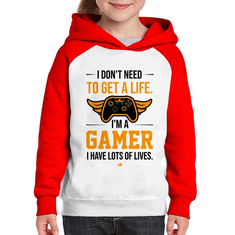 Moletom Infantil I'm a gamer, I have lots of lives - Branco/Vermelho