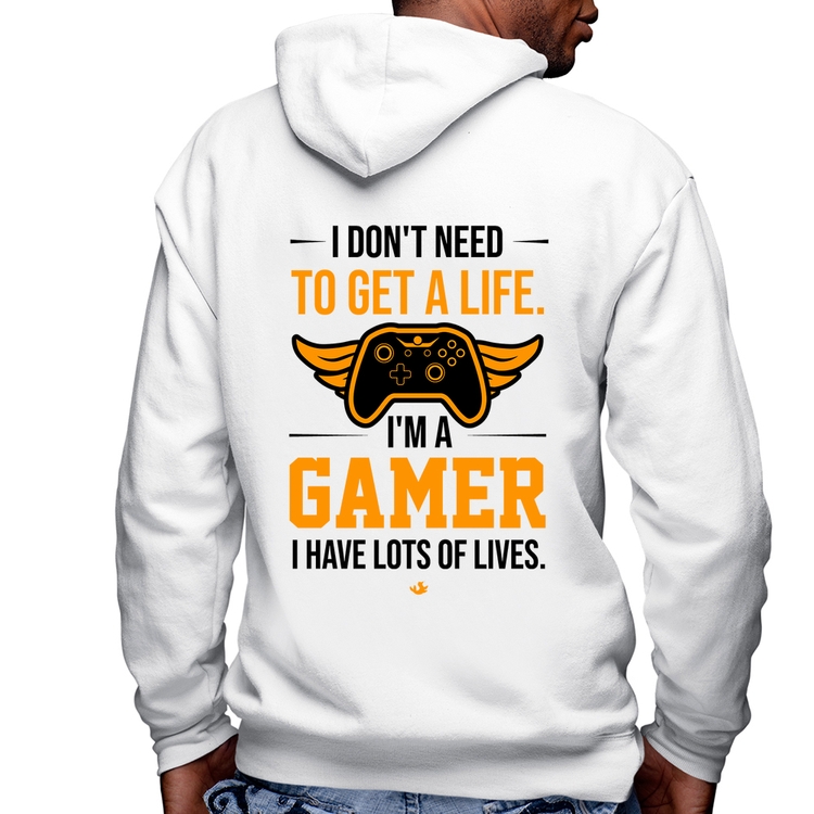 Blusa Moletom I'm a gamer, I have lots of lives Masculina com Capuz e Zíper - Branca