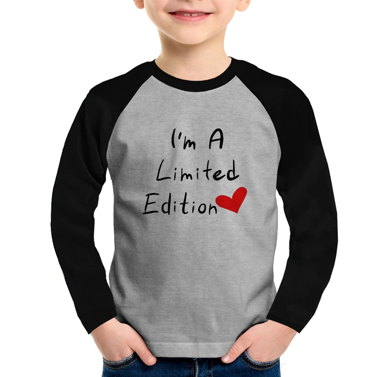 Camiseta Raglan Infantil I'm A Limited Edition Manga Longa - Cinza/Preto