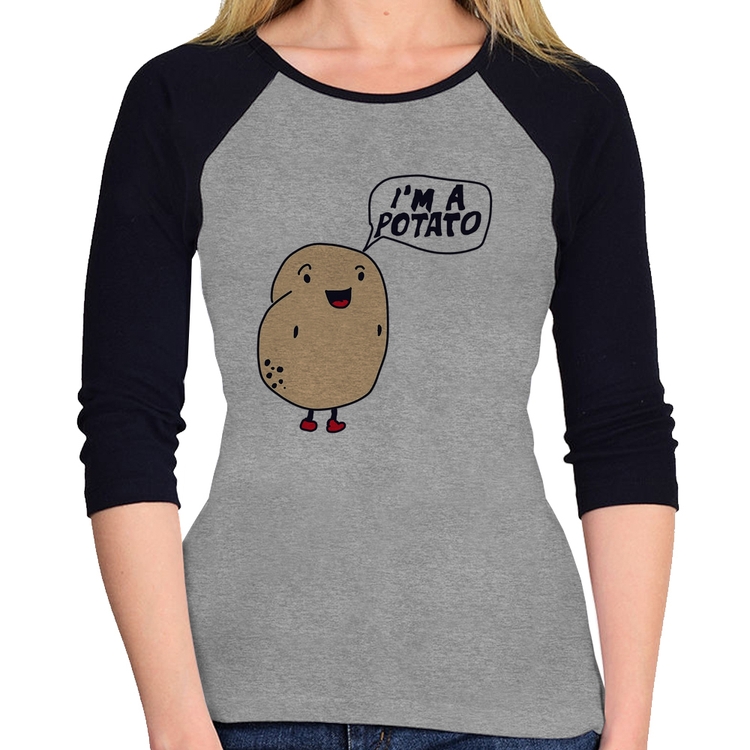 Baby Look Raglan I'm A Potato Manga 3/4 - Cinza/Preto