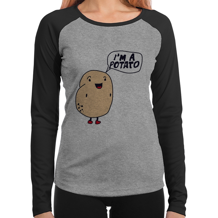 Baby Look Raglan I'm A Potato Manga Longa - Cinza/Preto