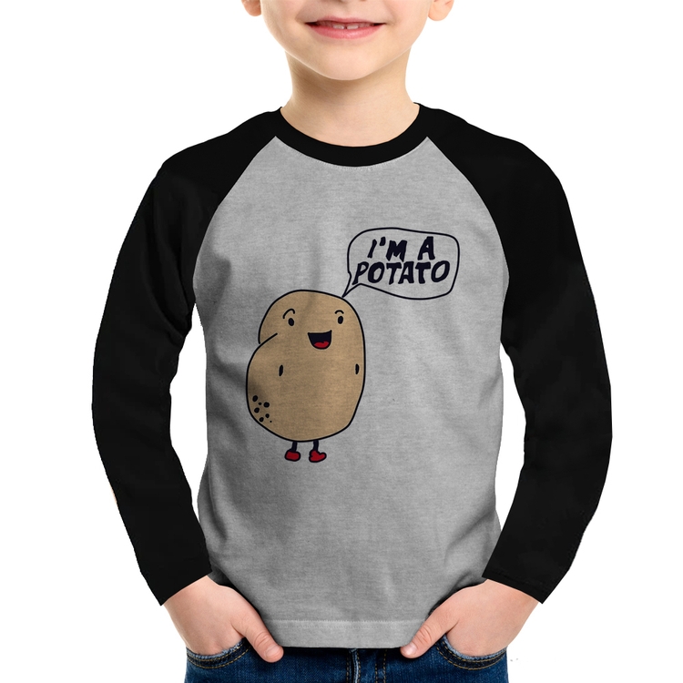 Camiseta Raglan Infantil I'm A Potato Manga Longa - Cinza/Preto