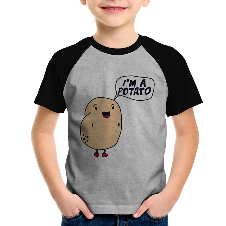 Camiseta Raglan Infantil I'm A Potato - Cinza/Preto