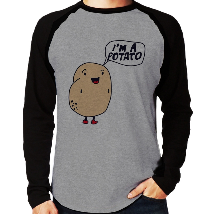 Camiseta Raglan I'm A Potato Manga Longa - Cinza/Preto