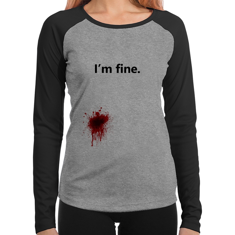 Baby Look Raglan I'm fine Manga Longa - Cinza/Preto