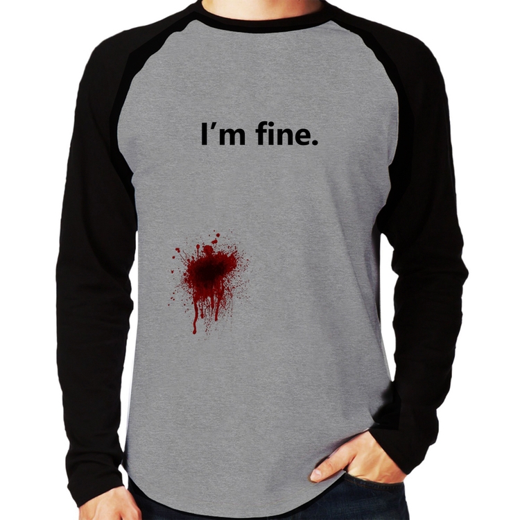 Camiseta Raglan I'm fine Manga Longa - Cinza/Preto