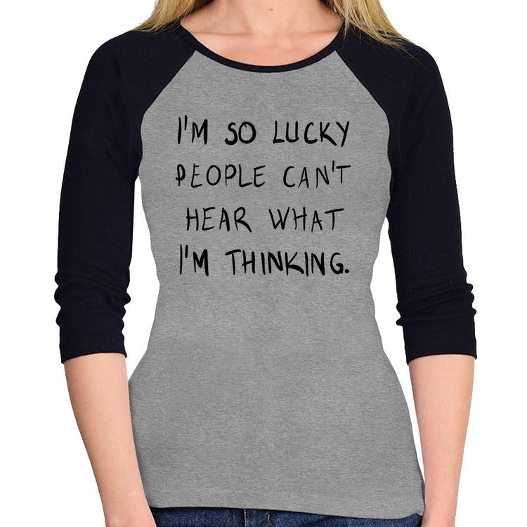 Baby Look Raglan I'm so Lucky  Manga 3/4 - Cinza/Preto