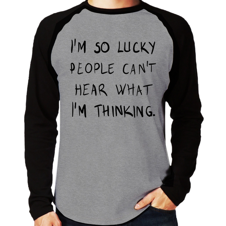Camiseta Raglan I'm so Lucky  Manga Longa - Cinza/Preto