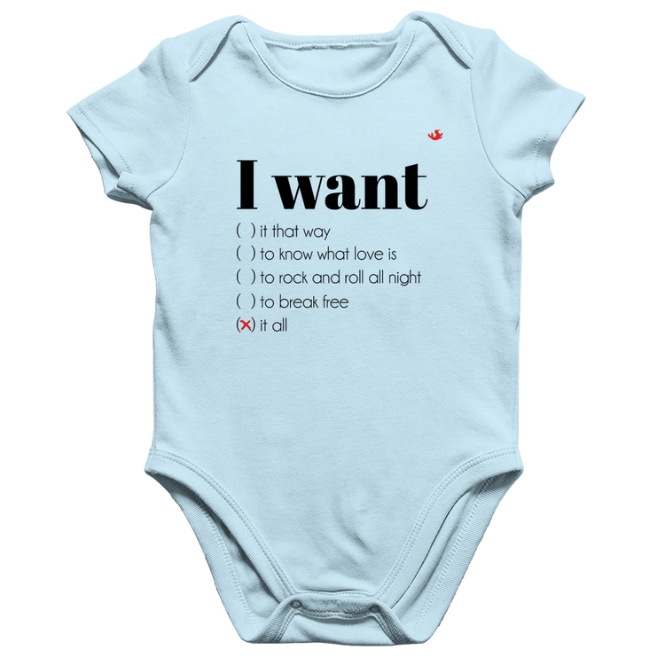 Body Bebê Algodão I want... - Azul Bebê