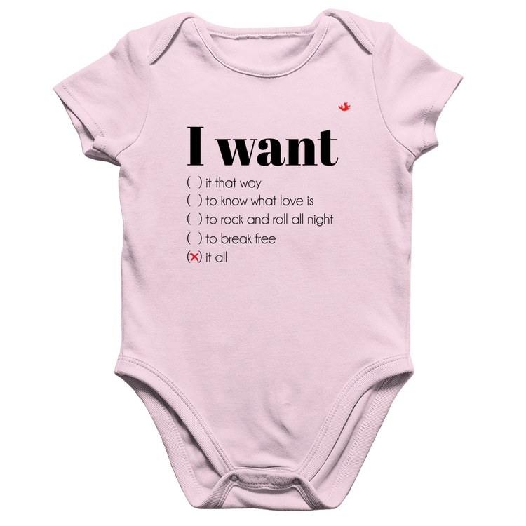 Body Bebê Algodão I want... - Rosa Bebê