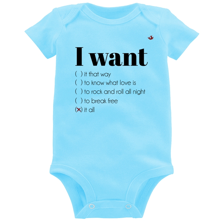 Body Bebê I want... - Azul Bebê