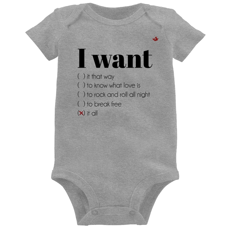 Body Bebê I want... - Cinza