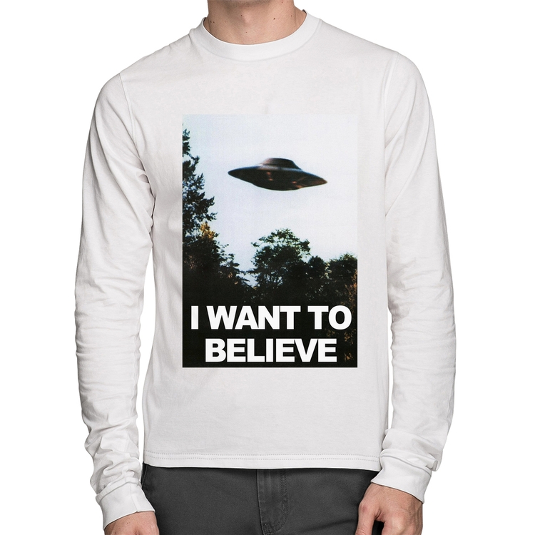 Camiseta Algodão I Want To Believe Manga Longa - Branca