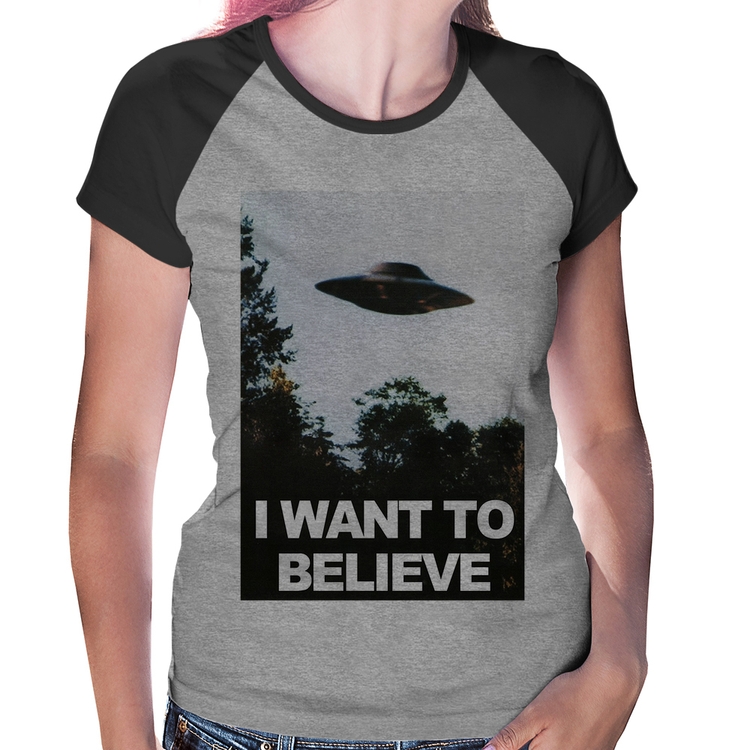 Baby Look Raglan I Want To Believe - Cinza/Preto