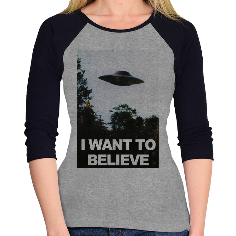 Baby Look Raglan I Want To Believe Manga 3/4 - Cinza/Preto