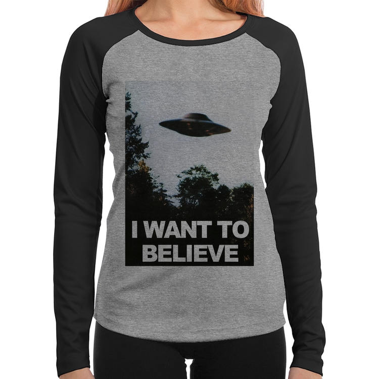 Baby Look Raglan I Want To Believe Manga Longa - Cinza/Preto
