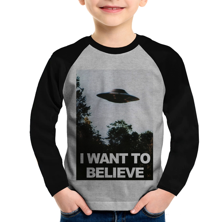 Camiseta Raglan Infantil I Want To Believe Manga Longa - Cinza/Preto