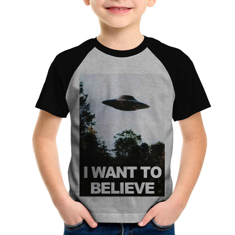 Camiseta Raglan Infantil I Want To Believe - Cinza/Preto