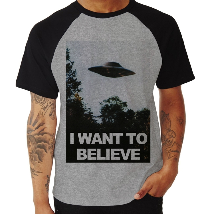 Camiseta Raglan I Want To Believe - Cinza/Preto