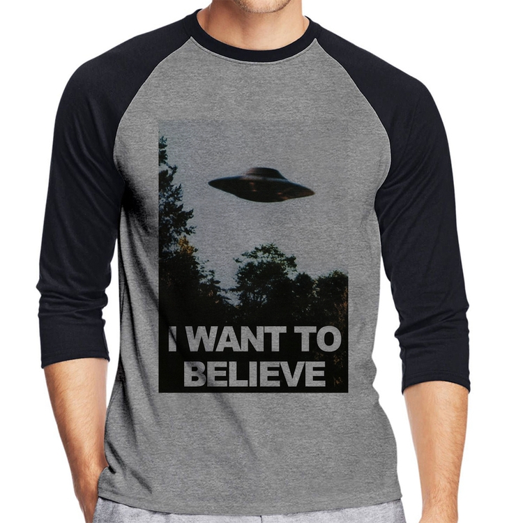 Camiseta Raglan I Want To Believe Manga 3/4 - Cinza/Preto
