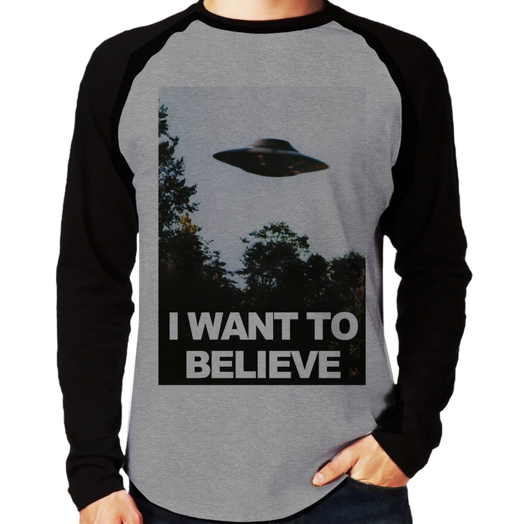 Camiseta Raglan I Want To Believe Manga Longa - Cinza/Preto