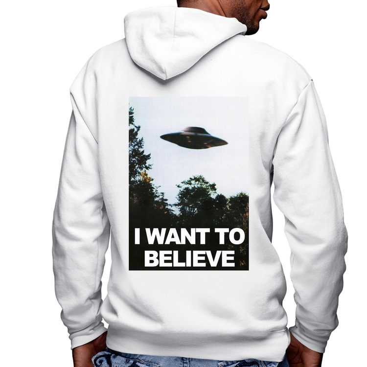 Blusa Moletom I Want To Believe Masculina com Capuz e Zíper - Branca
