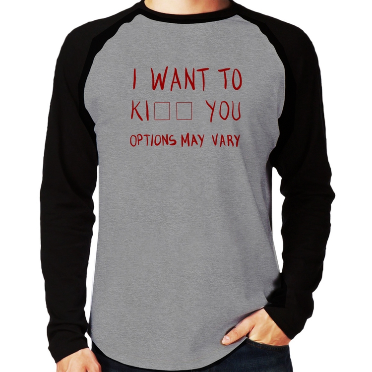 Camiseta Raglan I want to kiss you Manga Longa - Cinza/Preto