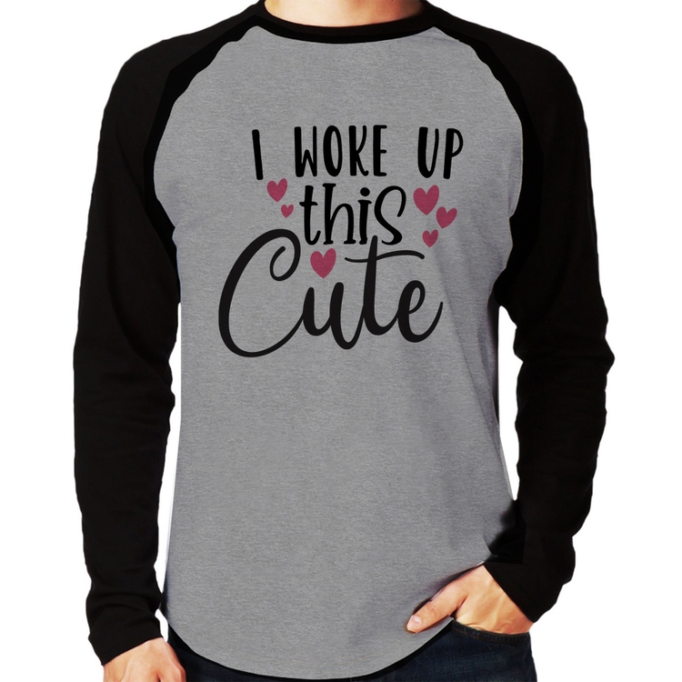 Camiseta Raglan I woke up this cute Manga Longa - Cinza/Preto