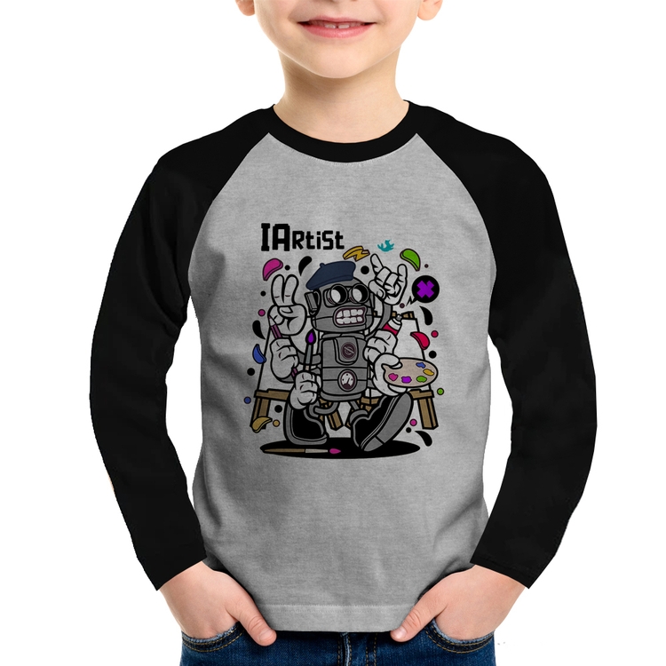 Camiseta Raglan Infantil IArtist Manga Longa - Cinza/Preto
