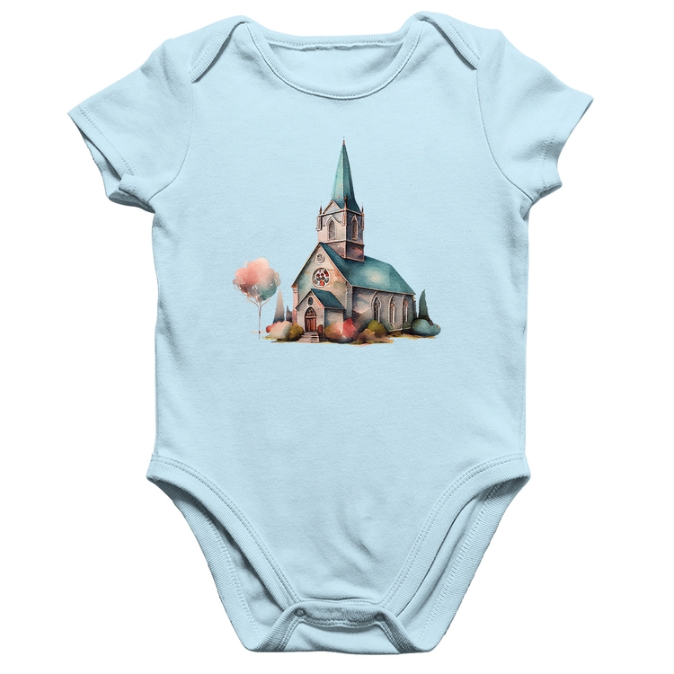 Body Bebê Algodão Igreja Arte - Azul Bebê