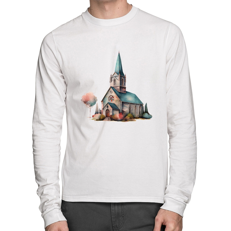 Camiseta Algodão Igreja Arte Manga Longa - Branca