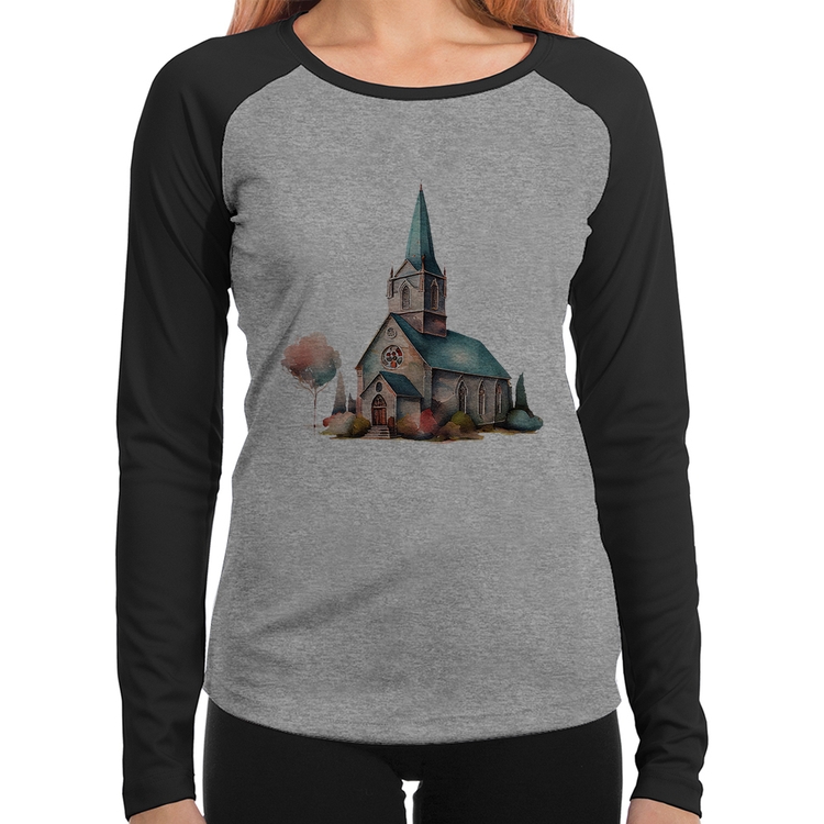 Baby Look Raglan Igreja Arte Manga Longa - Cinza/Preto