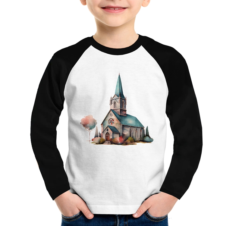Camiseta Raglan Infantil Igreja Arte Manga Longa