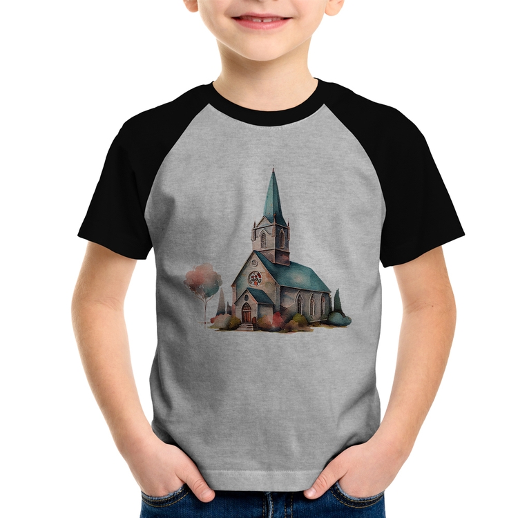 Camiseta Raglan Infantil Igreja Arte - Cinza/Preto