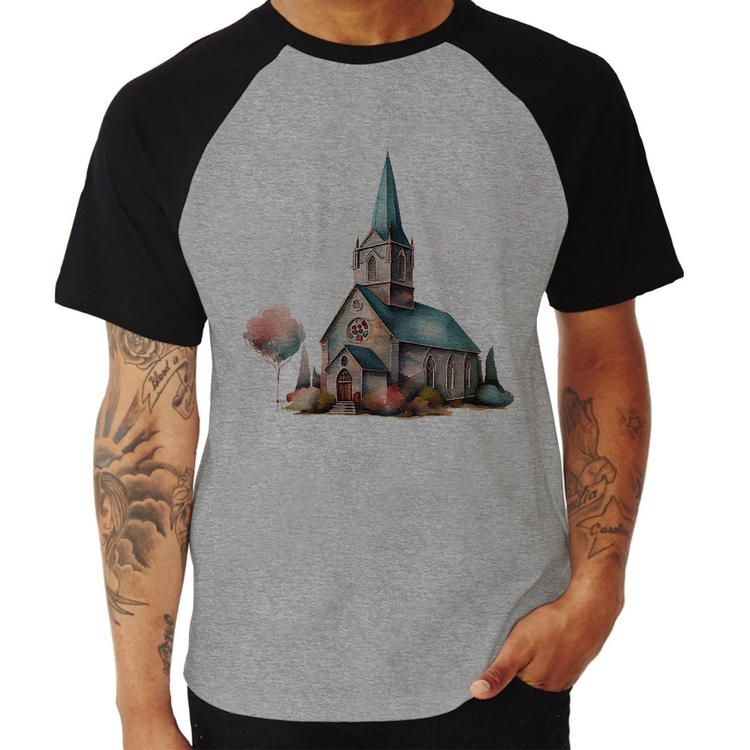 Camiseta Raglan Igreja Arte - Cinza/Preto