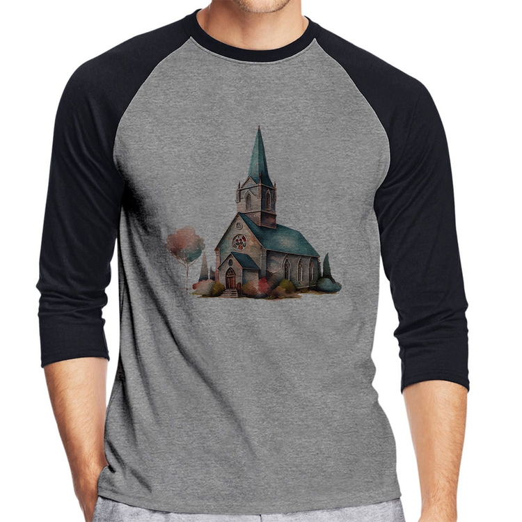 Camiseta Raglan Igreja Arte Manga 3/4 - Cinza/Preto