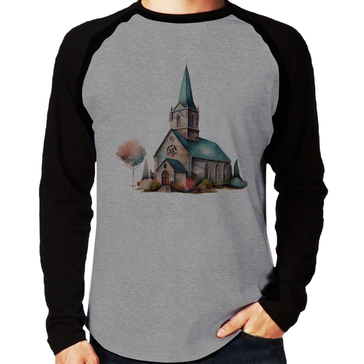 Camiseta Raglan Igreja Arte Manga Longa - Cinza/Preto