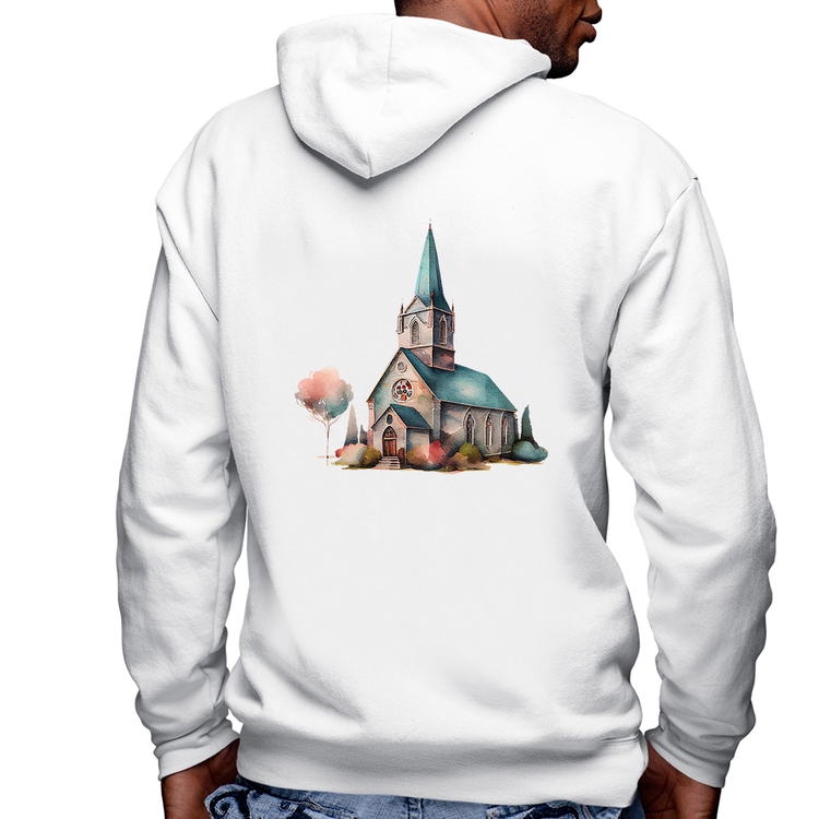 Blusa Moletom Igreja Arte Masculina com Capuz e Zíper - Branca