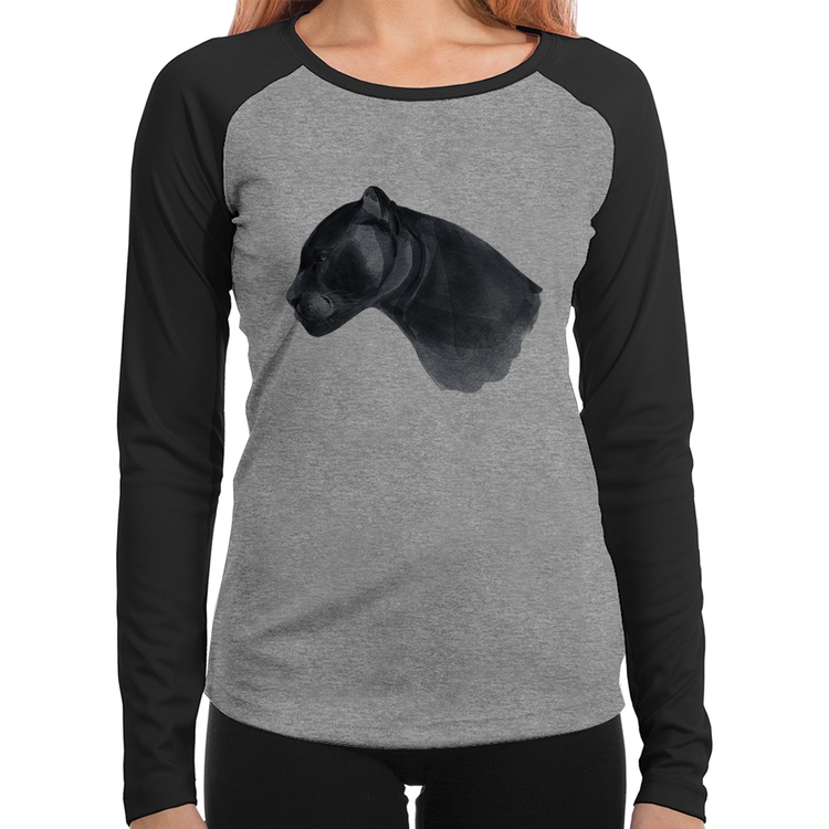 Baby Look Raglan Jaguar Manga Longa - Cinza/Preto