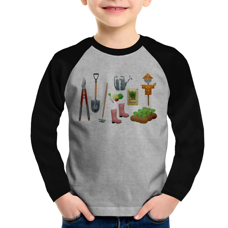 Camiseta Raglan Infantil Jardinagem Paisagista Manga Longa - Cinza/Preto