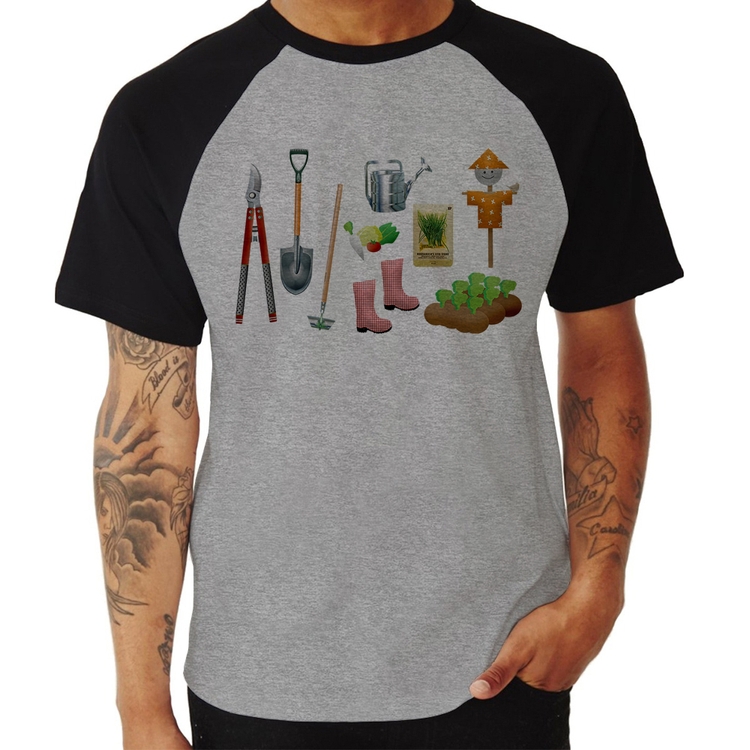 Camiseta Raglan Jardinagem Paisagista - Cinza/Preto
