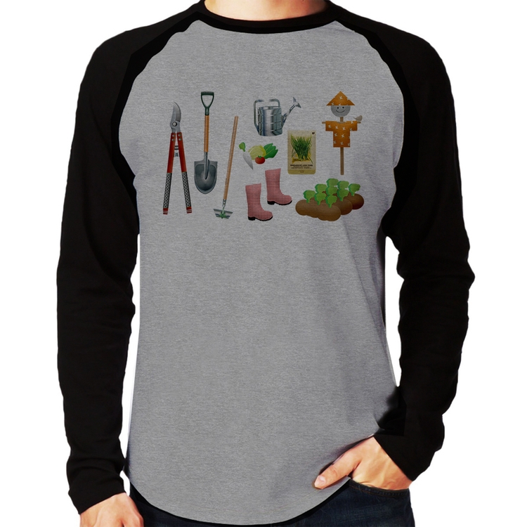 Camiseta Raglan Jardinagem Paisagista Manga Longa - Cinza/Preto