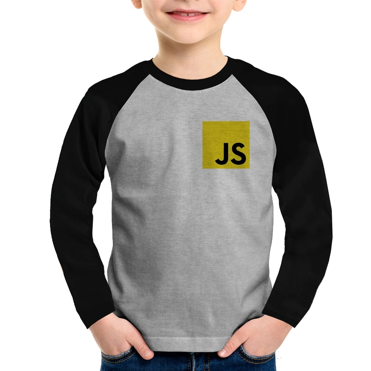 Camiseta Raglan Infantil JavaScript Manga Longa - Cinza/Preto
