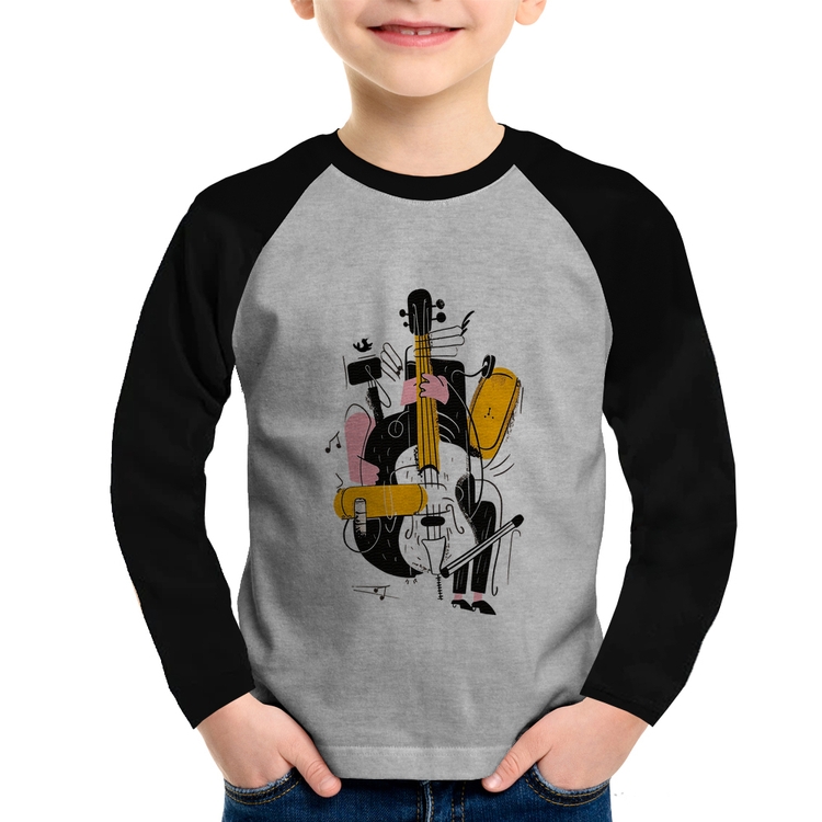 Camiseta Raglan Infantil Jazzy Bass Manga Longa - Cinza/Preto