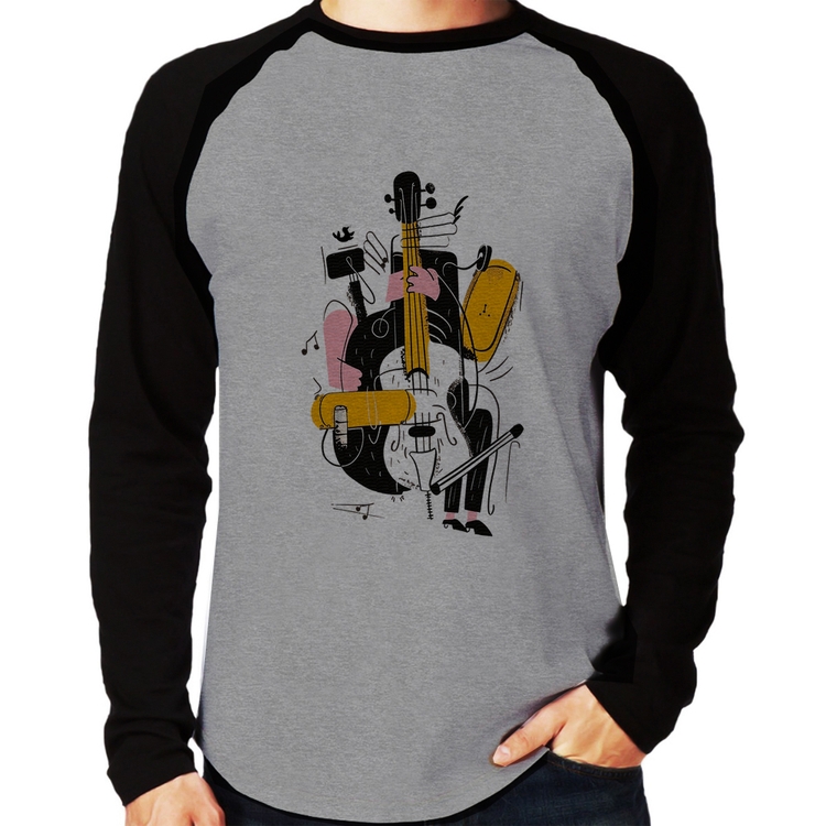 Camiseta Raglan Jazzy Bass Manga Longa - Cinza/Preto