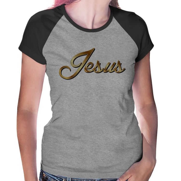 Baby Look Raglan Jesus  - Cinza/Preto