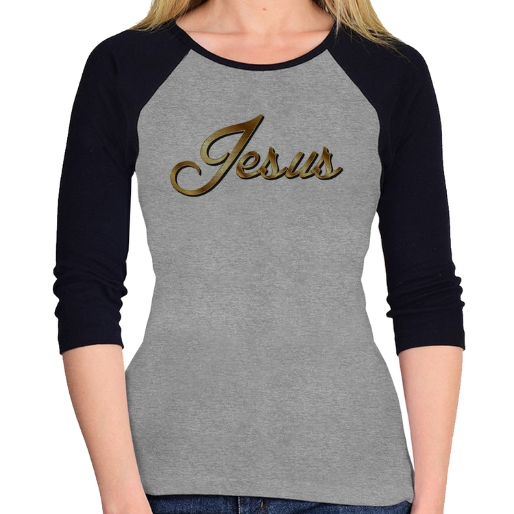 Baby Look Raglan Jesus  Manga 3/4 - Cinza/Preto