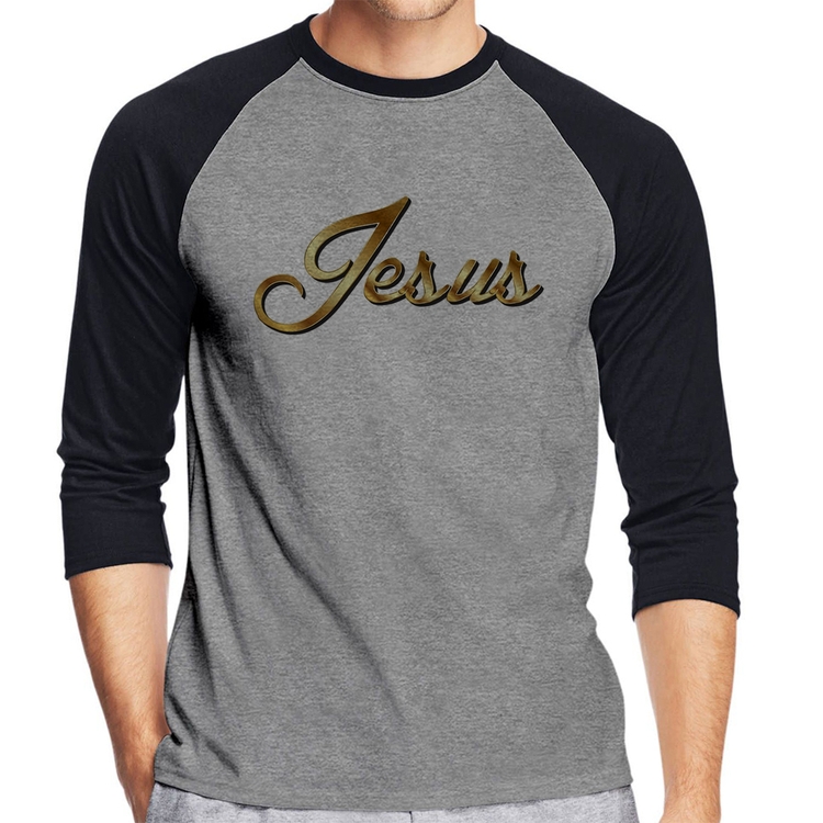 Camiseta Raglan Jesus  Manga 3/4 - Cinza/Preto